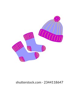 Knitted pink and blue cap hat and warm socks. Cozy autumn or winter concept. Hand drawn colored Vector illustration. Cartoon style. Design templates. All elements are isolated