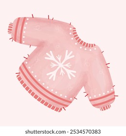 Suéter mullido acogedor rosa de punto con copo de nieve blanco sobre fondo beige. Icono de suéter de invierno. Ropa de invierno. Diseño de acuarela. Ilustración dibujada a mano. Ilustración vectorial.