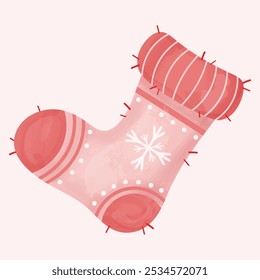 Knitted pink cozy sock with white snowflake on beige background. Winter sock icon. Winter clothes. Watercolor design. Hand-drawn illustration. Vector illustration.