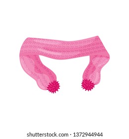 Knitted pink scarf with pompoms. Vector illustration.