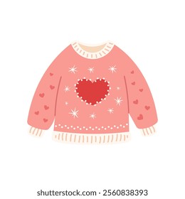 Knitted pink sweater with hearts and stars insulated. Cozy sweater for valentine's day. Vector illustration on white background