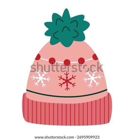 Knitted pink winter hat with green pompom and snowflakes. Scandinavian cozy wool cap. Vector illustration.