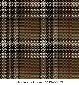 Knitted plaid pattern. Seamless knit tartan check plaid in black, gold, and red for Christmas and New Year jumper, sweater, blanket, duvet cover, or other modern winter textile print.