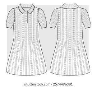 Knitted polo dress with braids. Technical scketch.