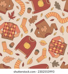 Knitted pullover socks scarf vector seamless pattern. Retro Sweater weather background. Cozy autumn fall surface design for textile, scrapbook, card making 