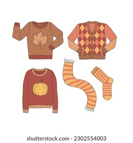 Knitted pullover socks scarf vector clip-art set isolated on white. Sweater weather hand drawn illustration collection. Cozy autumn outfit design elements