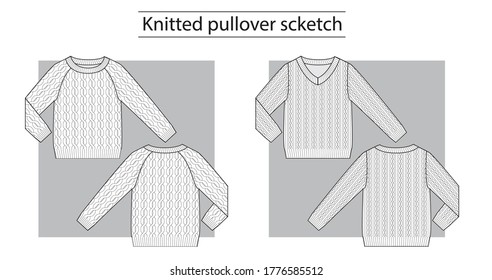Knitted pullover with v-neck and round-neck with braids technical scketch