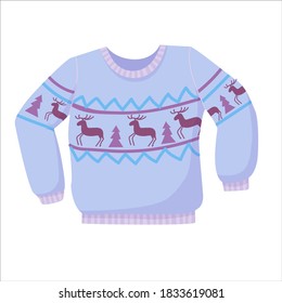 Knitted purple sweater with deer pattern, warm winter clothes drawn in cartoon style, knitted clothes, pullover with deer vector illustration isolated on white background