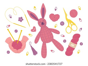 Knitted rabbit toy surrounded by knitting hobby accessories. Flat style illustration of tools for handmade