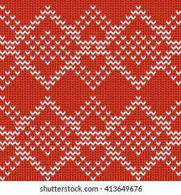 Knitted Rad and White Seamless Pattern with Ornament. Traditional Christmas and New Year Design Background. Knitting Sweater Design. Fabric Knit Texture. Vector Illustration.