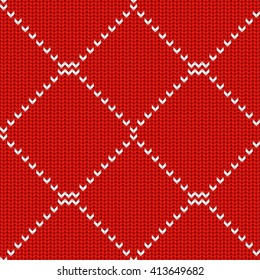 Knitted Rad and White Seamless Pattern with Ornament. Traditional Christmas and New Year Design Background. Knitting Sweater Design. Fabric Knit Texture. Vector Illustration.