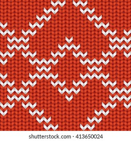Knitted Rad and White Seamless Pattern with Ornament. Traditional Christmas and New Year Design Background. Knitting Sweater Design. Fabric Knit Texture. Vector Illustration.