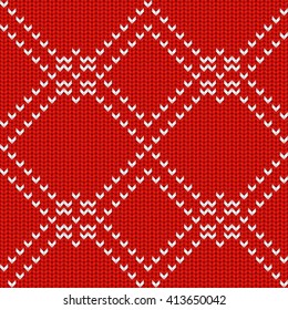 Knitted Rad and White Seamless Pattern with Ornament. Traditional Christmas and New Year Design Background. Knitting Sweater Design. Fabric Knit Texture. Vector Illustration.