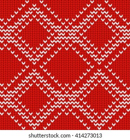 Knitted Rad and White Seamless Pattern with Ornament. Traditional Christmas and New Year Design Background. Knitting Sweater Design. Fabric Knit Texture. Vector Illustration.