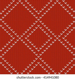 Knitted Rad and White Seamless Pattern with Ornament. Traditional Christmas and New Year Design Background. Knitting Sweater Design. Fabric Knit Texture. Vector Illustration.