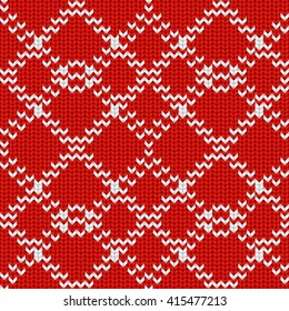 Knitted Rad and White Seamless Pattern with Ornament. Traditional Christmas and New Year Design Background. Knitting Sweater Design. Fabric Knit Texture. Vector Illustration.