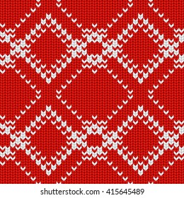 Knitted Rad and White Seamless Pattern with Ornament. Traditional Christmas and New Year Design Background. Knitting Sweater Design. Fabric Knit Texture. Vector Illustration.