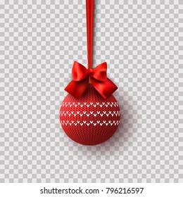 A knitted red ball with a satin bow on the ribbon for a Happy New Year and Merry Christmas. Vector. Transparent background.