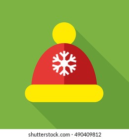 Knitted red cap icon in flat style isolated with long shadow vector illustration