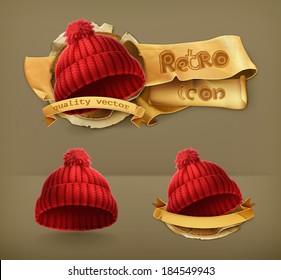 Knitted red cap, retro vector icon