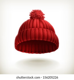 Knitted red cap, vector illustration