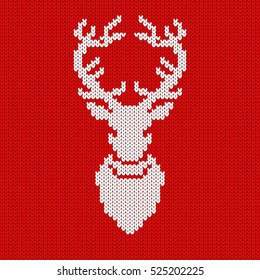 Knitted Red Christmas Background With Reindeer Rudolph. Seamless Pattern