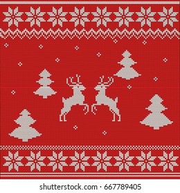 Knitted red Christmas background with reindeer. Vector