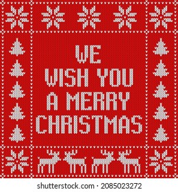 Knitted red Christmas greeting card. We wish you a merry Christmas. Vector illustration