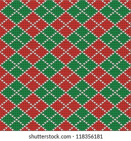 Knitted red and green Christmas argyle background, plus seamless pattern included in swatch palette (pattern fill expanded). For high res JPEG or TIFF see image 118356184