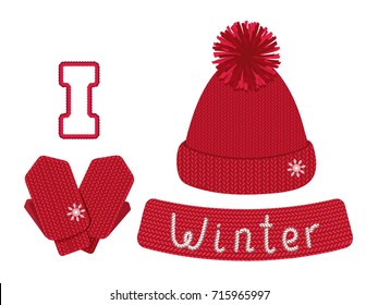 Knitted Red Hat With A Pompom And Mitten. Set Warm Clothing For Cold. Vector Illustration