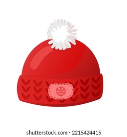 Knitted red hat. Vector illustration of winter clothes in cartoon style