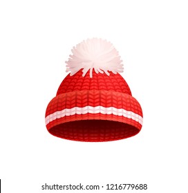 Knitted red hat with white pom-pom vector icon isolated. Warm headwear item, winter cloth thick woolen chunky yarn, hand knitting crochet headdress