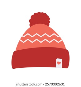 Knitted red hat with zig zag scandinavian pattern and heart. Winter headdress with pompon. Isolated hand drawn flat vector illustration on white background