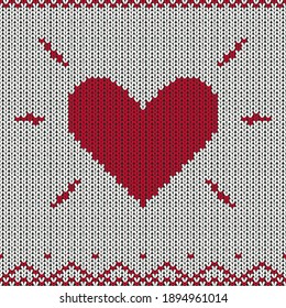 Knitted red heart with rays and seamless ornament. Vector holiday background for graphic Valentine's Day design.