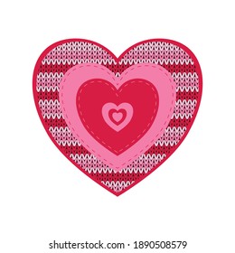 Knitted red heart for Saint Valentine Day with the inscription Love, isolated on white background. Vector flat illustration.