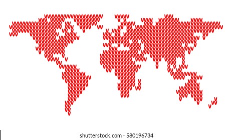 Knitted Red Map of the World Isolated on White Background. Vector Illustration