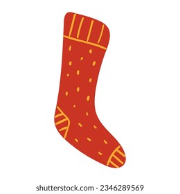 Knitted red sock hand drawn cartoon illustration. Flat style design, isolated vector. Kids autumn, fall print element, seasonal warm, cozy clothes, knitting, handicraft, knitwear