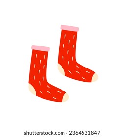 Knitted red stockings isolated on white background. Long socks. Autumn and winter cozy season. Accessorize. Christmas and New Year time.