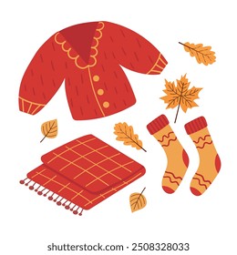 Knitted red sweater with leaves, socks and blanket. Vector elements for cozy autumn, design of postcards, posters, stickers, various stationery.