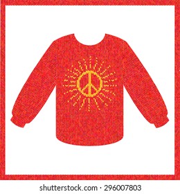 knitted red sweater with a sign pacifist as a yellow hot sun with rays, and knit frame