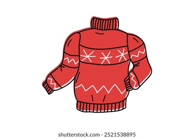 Knitted red sweater. Warm, cozy clothes. Knitting, needlework, crafts. Cold season, autumn, winter. Drawing, doodle. Christmas ornament, snowflakes.