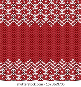 Knitted red texture with a white border and a place for the text is a substrate for posts in social media. Imitation of needlework, crochet stitches.
