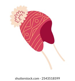 Chapéu de inverno vermelho de malha com ícones de vetor pompom. Tecido de inverno grosso fio grosso de lã grosso, Mão desenhada plana estilo isolado. Ilustração vetorial