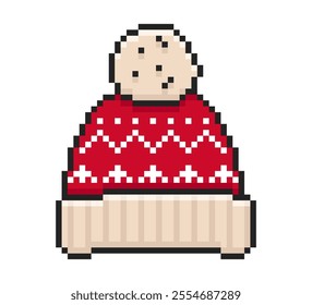 Knitted red winter hat with a pompom in pixel style. Retro vector illustration