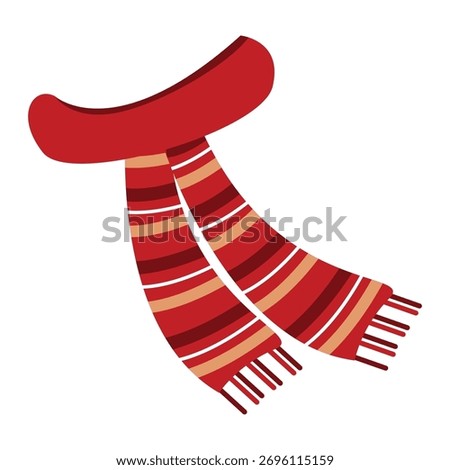 Knitted red woolen winter scarf in burgundy, orange stripes. Warm Christmas accessory for winter sports. Vector illustration isolated on white background for holiday design.
