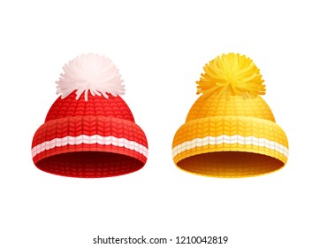 Knitted red and yellow hat with white pom-pom vector icons. Warm headwear items, winter cloth thick woolen chunky yarn, hand knitting crochet headdresses