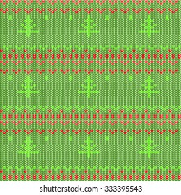 Knitted red-green seamless pattern with fir-trees in New Year colors. Stock vector.