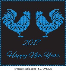 Knitted Rooster on Black Background. Happy New Year card