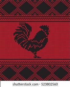 Knitted rooster.Art vector with black cock. Happy New Year card. Chinese horoscope.China New Year Sweater with Rooster.