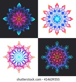 Knitted rosettes set on a black background. Round pattern. Boho chic style. Circular floral pattern, crochet mandala. Vector illustration.